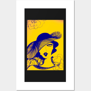 RETRO SUNSHINE YELLOW INDIGO 70S DECO LADY WITH HAT OP ART PRINT Posters and Art